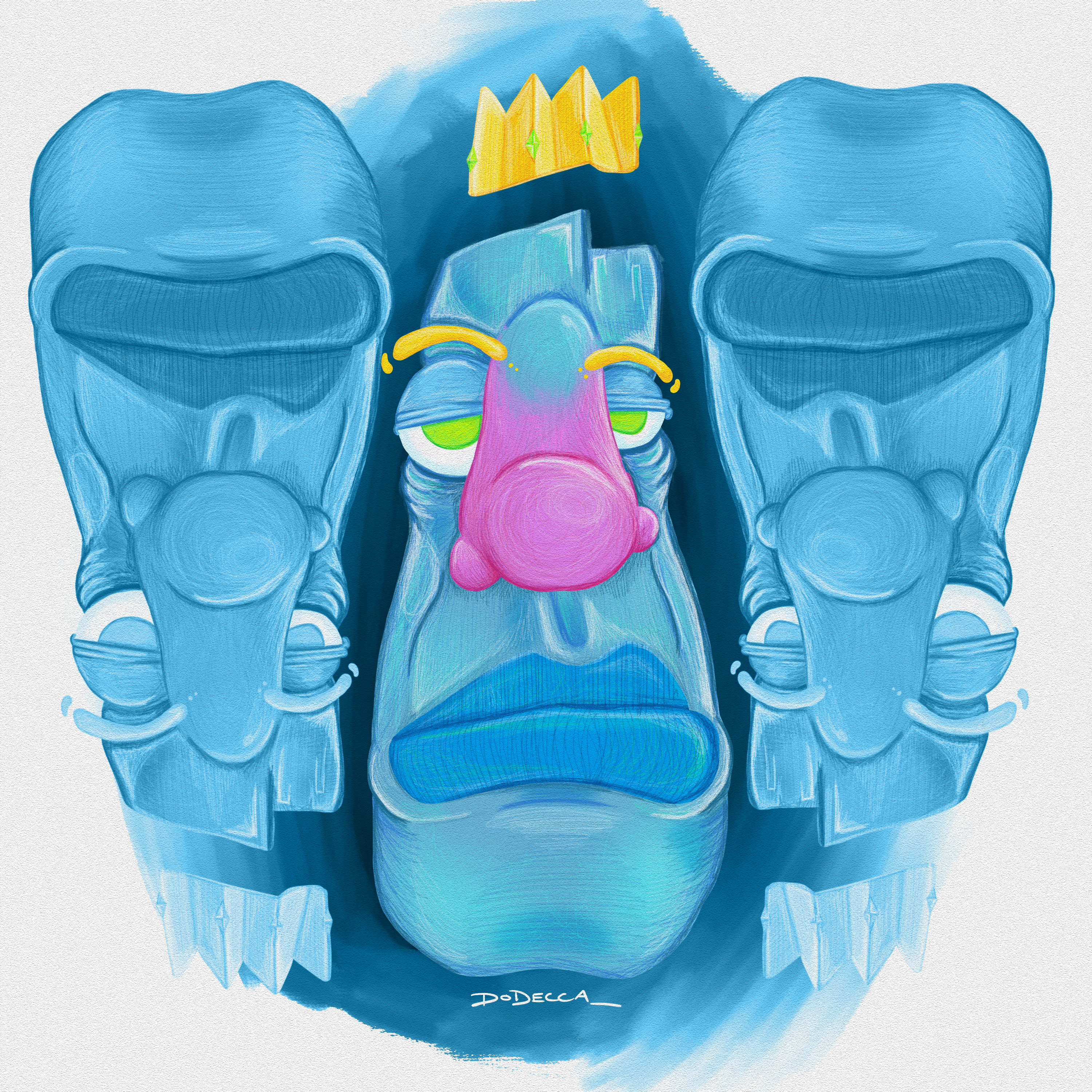 Blue sculpted faces and figures