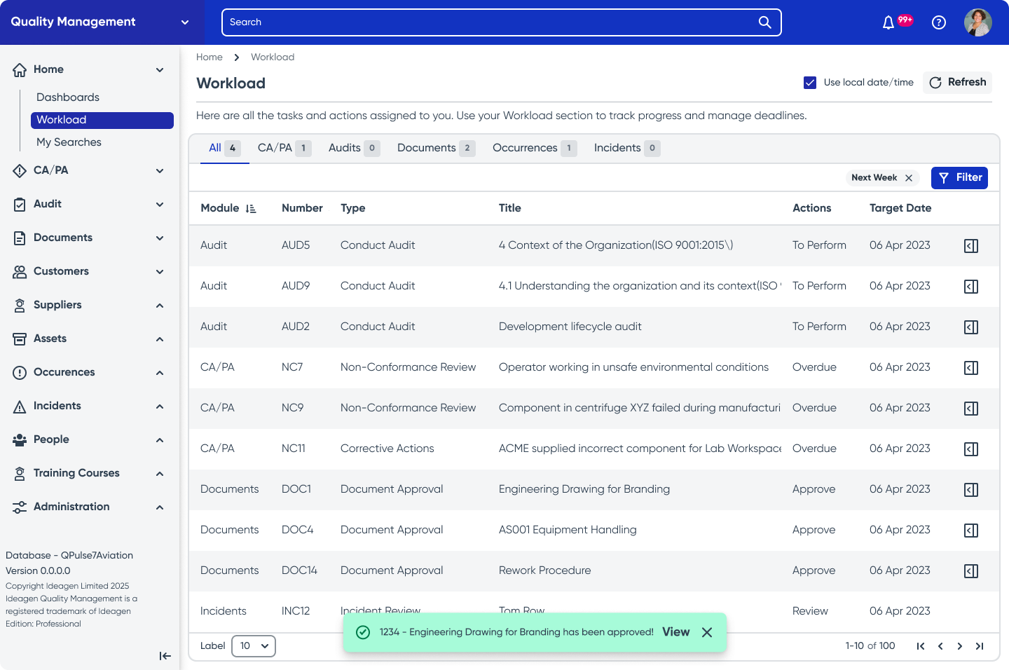 Task list with system feedback banner