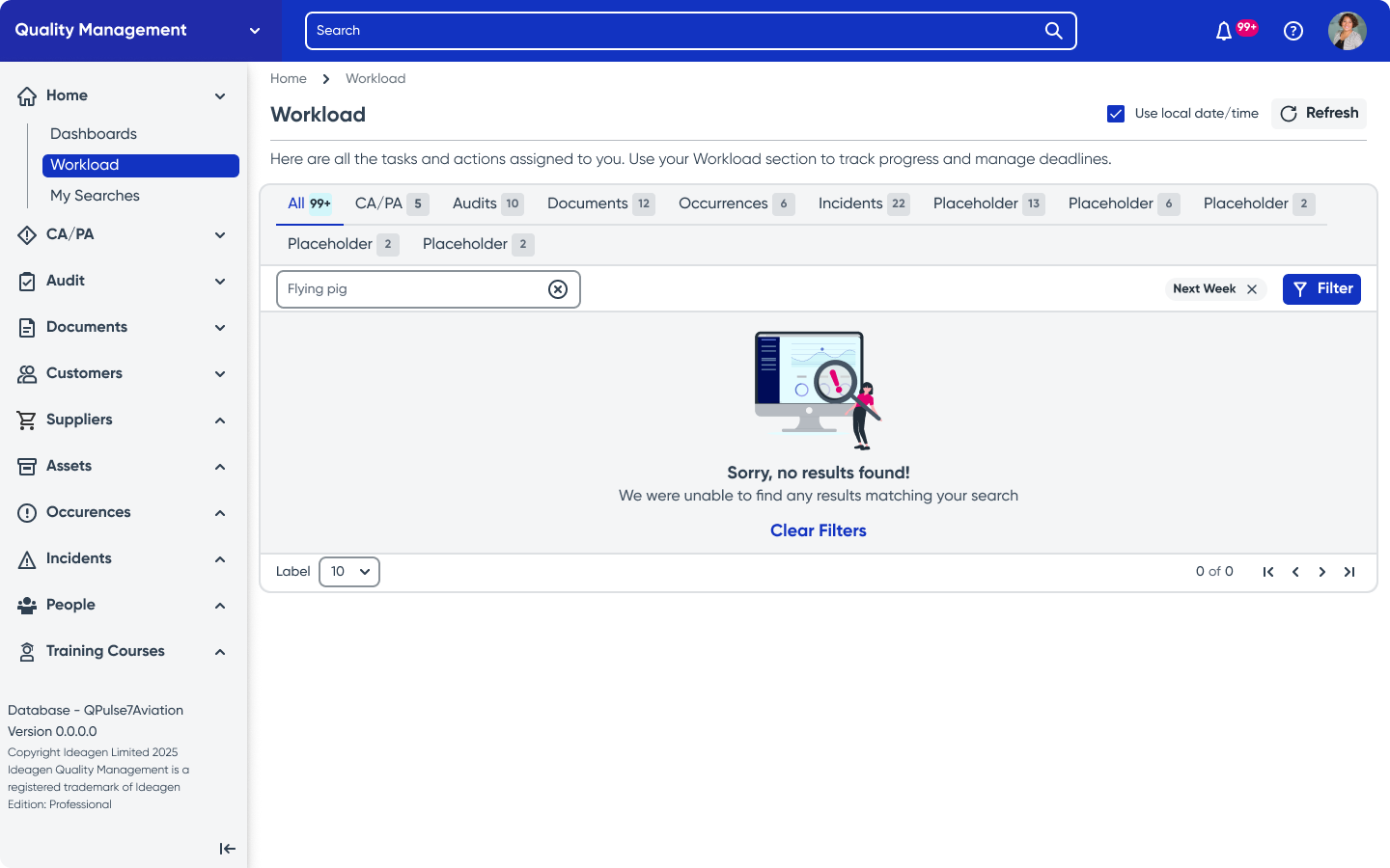 Workload search with no matching results